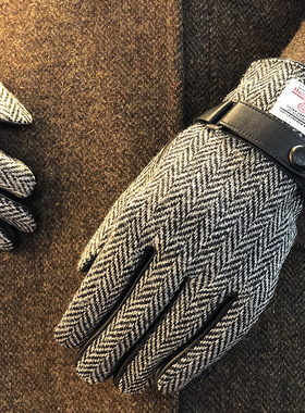 秋冬加厚保暖男女情侣harris tweed哈里斯粗花呢羊毛真皮触屏手套