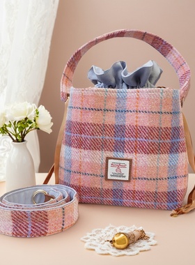 harris tweed哈里斯纯羊毛水桶包福袋菜篮子高级感格纹单肩斜挎包