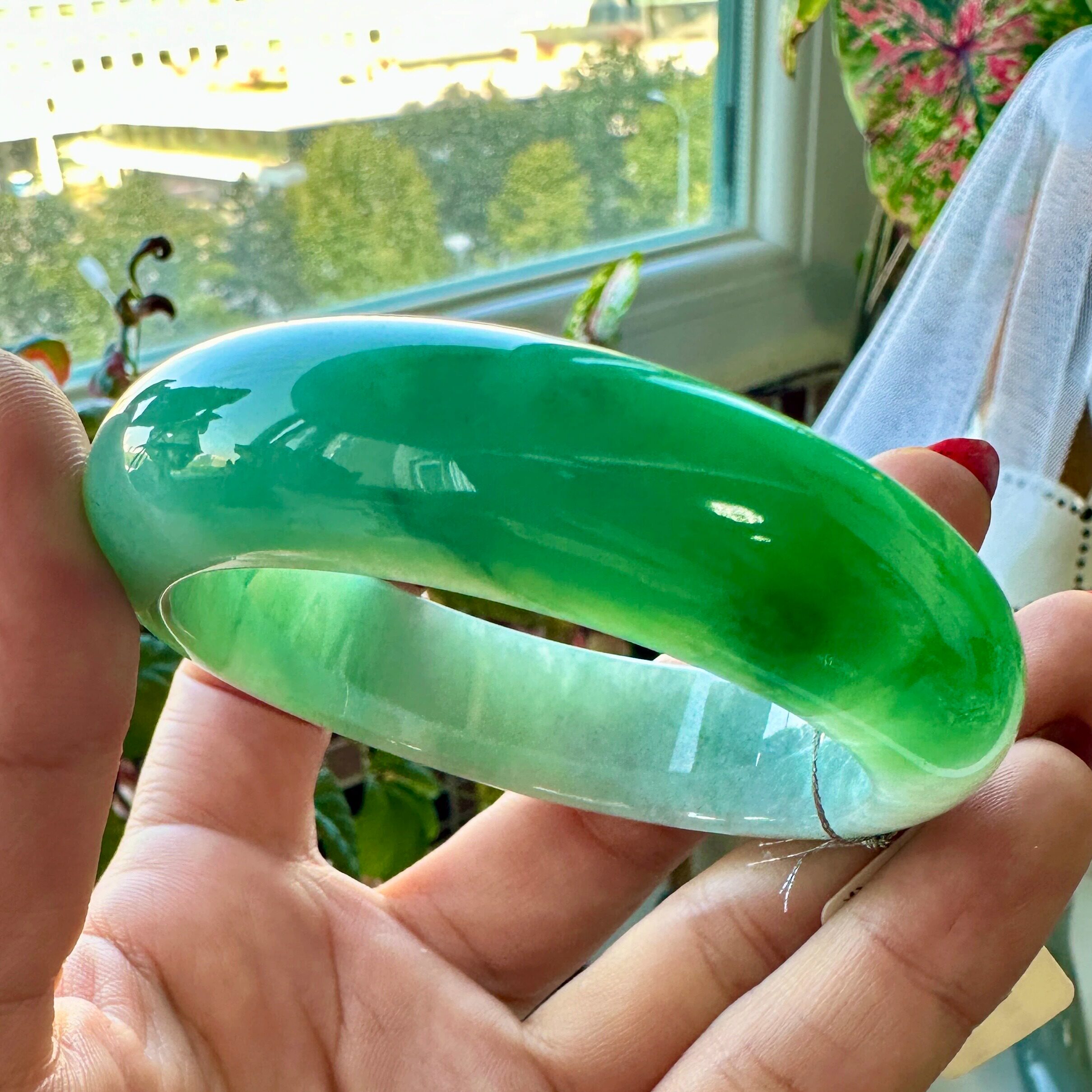 【璞谷翡翠】天然正品55冰种正阳绿花宽条缅甸玉翡翠手镯a货5002