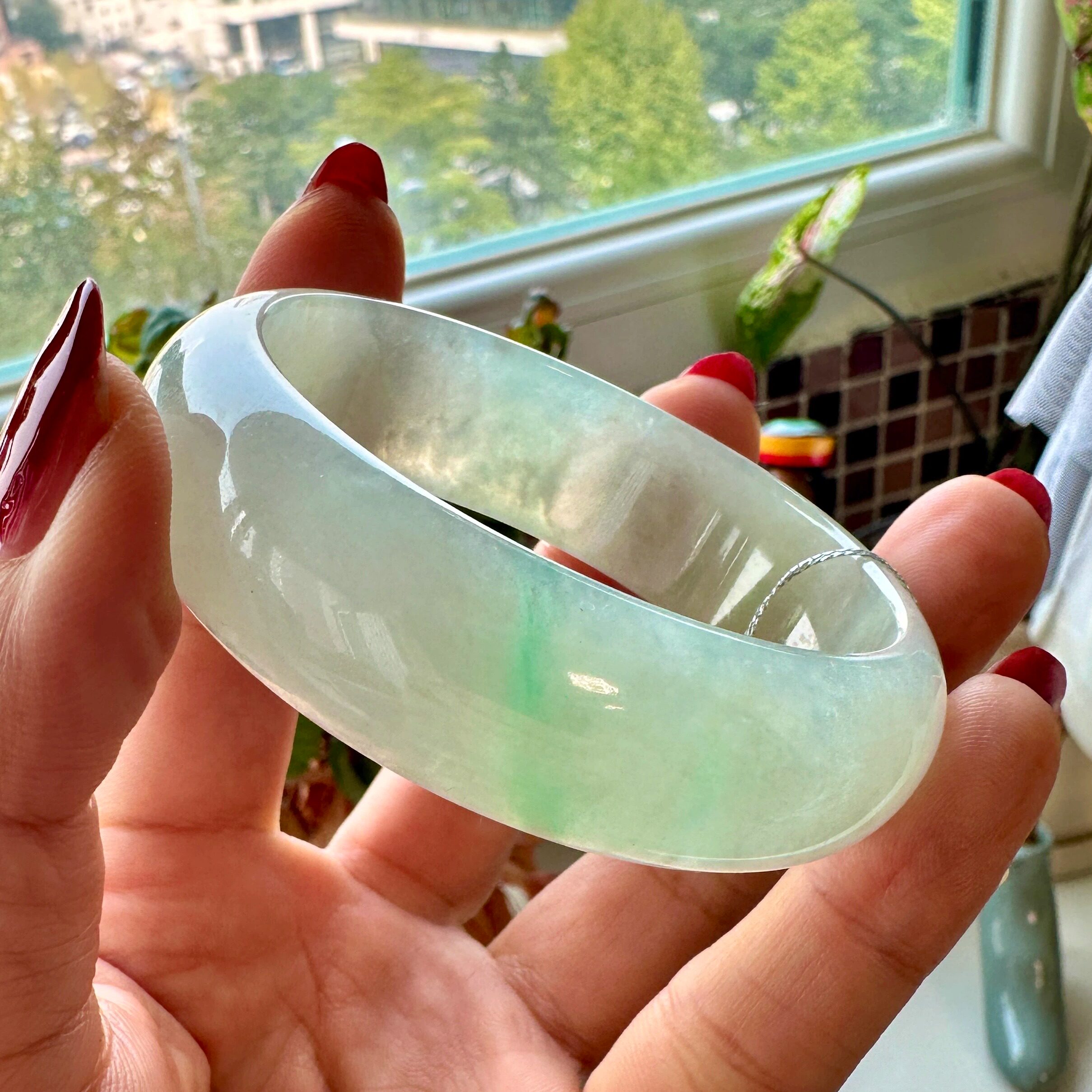 【璞谷翡翠】天然正品55冰种浅阳绿花宽条缅甸玉翡翠手镯a货5048