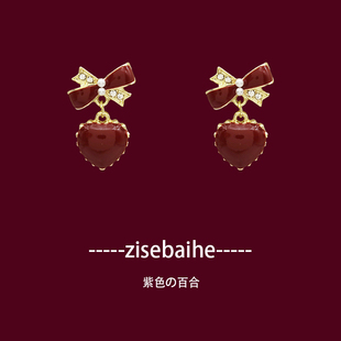 ins韩系蝴蝶结红爱心蚊香盘耳夹无耳洞耳环女925银针耳钉气质耳饰