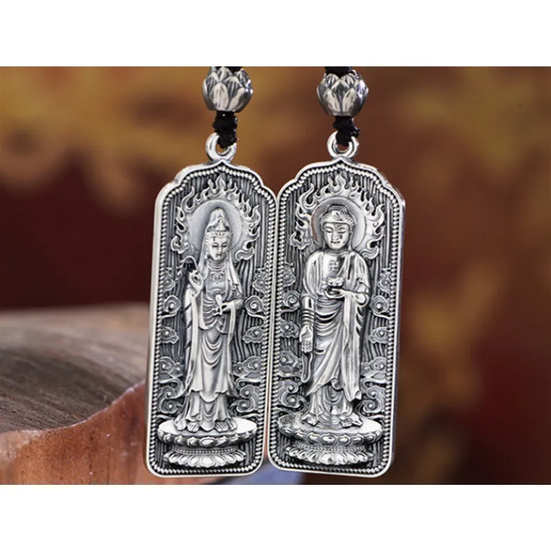 纯银S999观音吊牌男士项坠佛祖佛牌复古六字真言立体浮雕吊坠