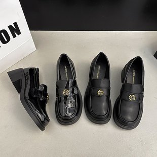 8cm 2025春季 圆头黑色亚光一脚蹬高跟 黑色亮光 新款