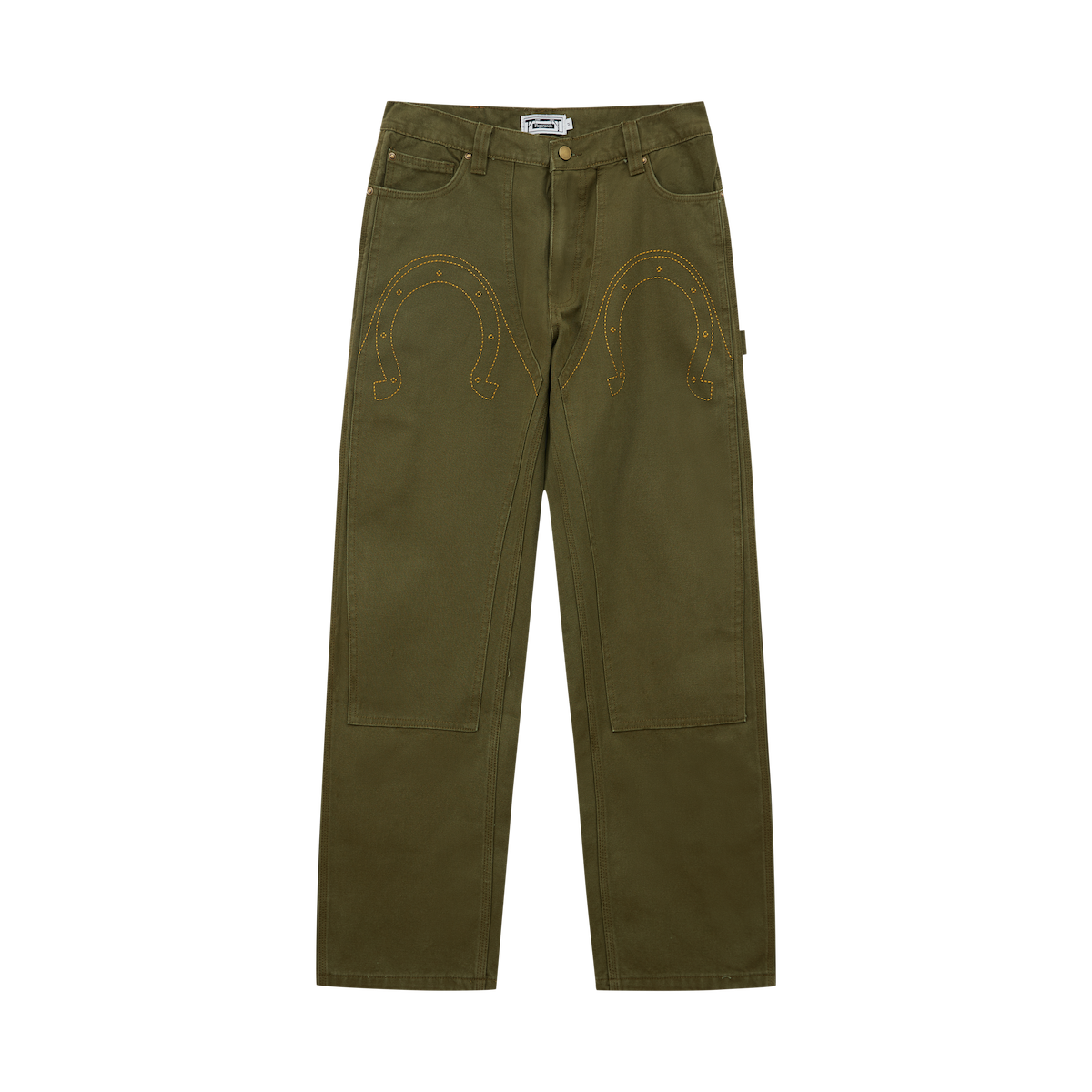 33oz PapaRanch美式12oz高密度复古军绿马蹄刺绣中高腰宽腿工装裤