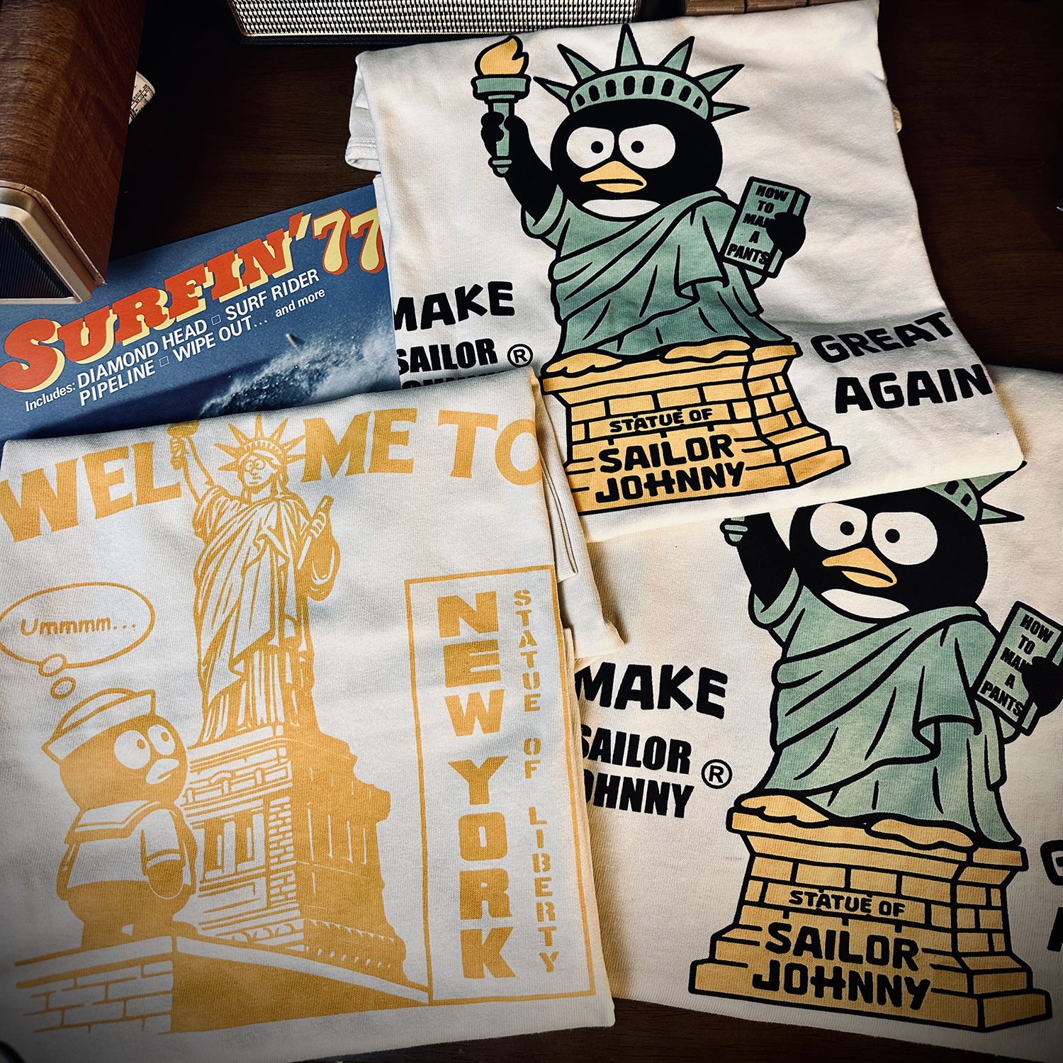 33oz SAILOR JOHNNY美式复古企鹅自由女神重磅250g粗纱短袖T恤