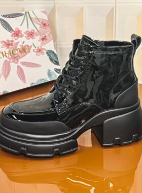 9164/5CM牛漆皮断码撤柜处理粗跟秋季女短靴漆皮系带增高黑色