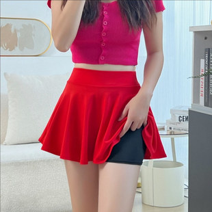32cm红色A字超短裙带安全裤跳舞半身裙松紧腰性感辣妹啦啦操短裙