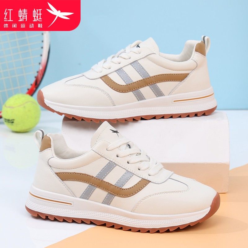 红蜻蜓女鞋秋冬加绒休闲运动鞋女轻便防滑舒适软底平底旅游鞋真皮