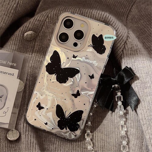 冷淡风适用苹果14手机壳黑色蝴蝶butterfly case iPhone15promax case 14plus cover水波纹12硬壳13链条16pro