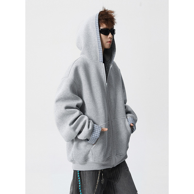 A410-WT33812-P105限价159-美式拼接格纹连帽卫衣外套-400g华棉，女装短外套，电商A410