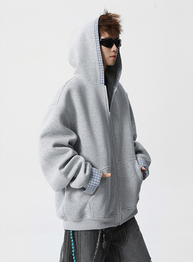 A410-WT33812-P105限价159-美式拼接格纹连帽卫衣外套-400g 华棉