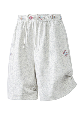 A410-DK63020-P50限价89-设计感刺绣休闲短裤-300g刷毛卫裤面料