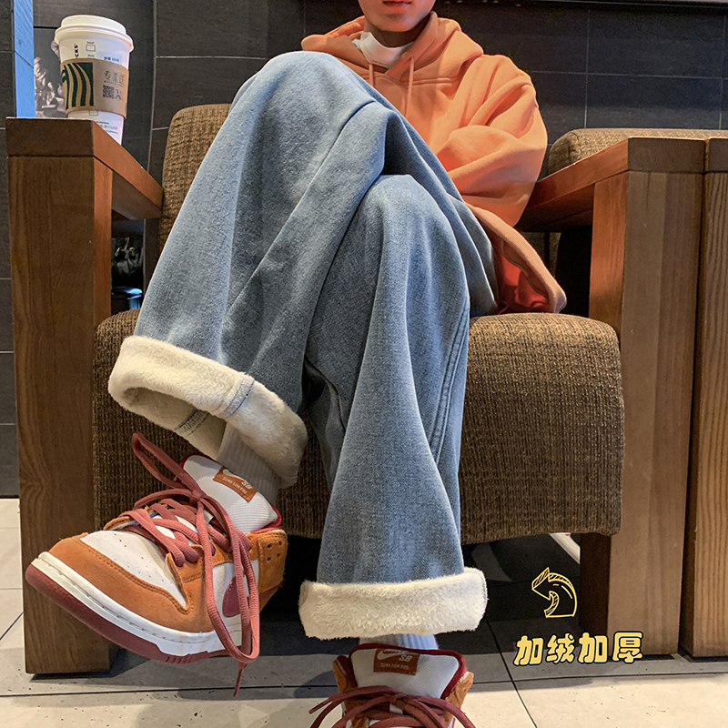 A410-K3346JR-P60限价88-美式阔腿加绒牛仔裤-牛仔面料420g左右，男装牛仔裤，电商A410