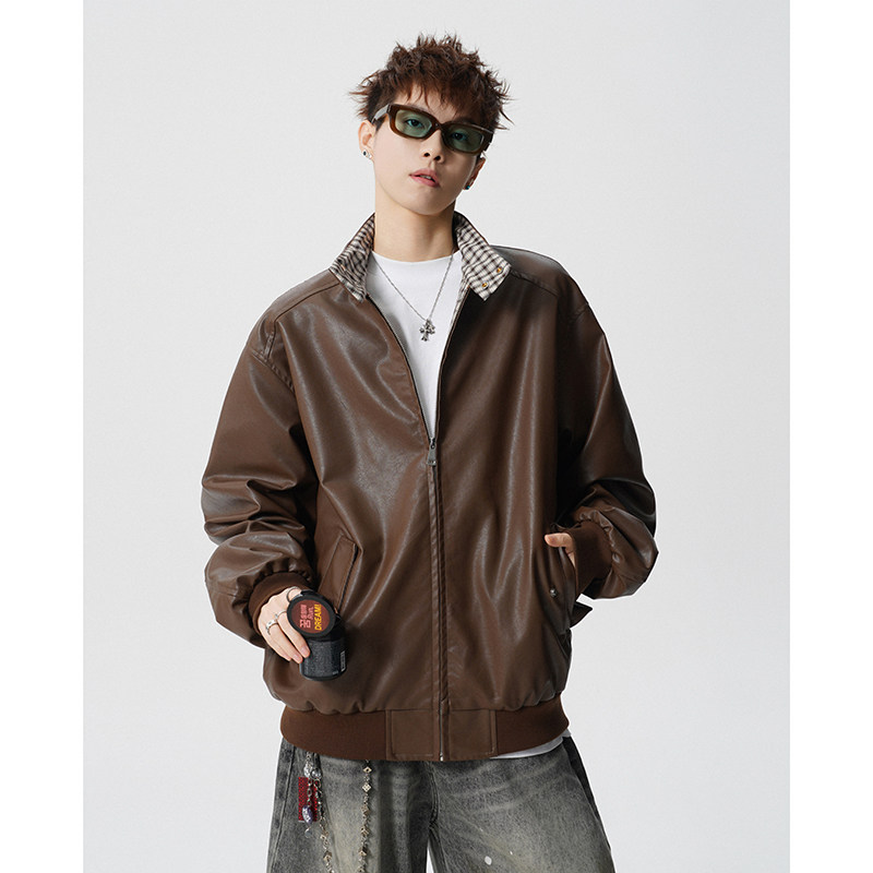 A410-WT34780-P110限价169-美式格纹撞色立领夹克-290G皮料，男装夹克，电商A410