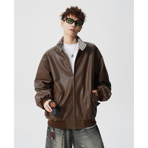 A410-WT34780-P110限价169-美式格纹撞色立领夹克-290G 皮料，男装夹克，电商A410