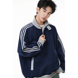 A410-A32652-特批70限价139-美式条纹撞色立领卫衣-400g 华棉图片