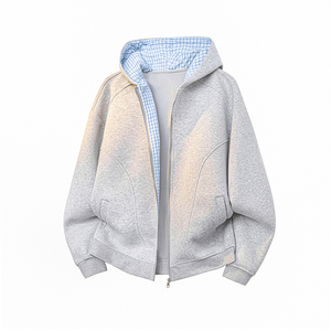 A410-WT34761-P90限价139-美式拼接格纹连帽卫衣-400g 华棉，男装卫衣，电商A410