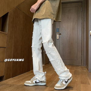 K3379*休闲流行做旧牛仔裤男春秋复古修身直筒长裤P65（限价85）图片