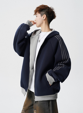 A410-WT34718-特批75限价149-美式条纹连帽卫衣外套-400g 华棉