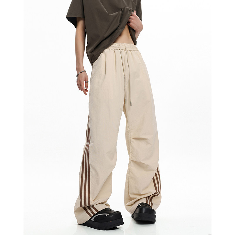 三条杠校服裤子男款春秋季美式高街褶皱小众设计感条纹拼接运动裤，男装休闲裤，电商A410