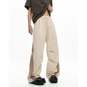 三条杠校服裤子男款春秋季美式高街褶皱小众设计感条纹拼接运动裤，男装休闲裤，电商A410