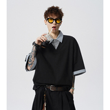 A410-T62012-P55限价99-格纹假两件翻领拼接短袖-230G索罗娜，男装T恤，电商A410