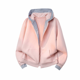 A410-WT33812-P105限价159-美式拼接格纹连帽卫衣外套-400g华棉，女装短外套，电商A410