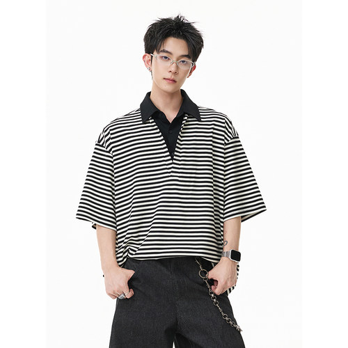 A410-T61026-P65限价119-复古假两件撞色条纹翻领休闲短袖-260G