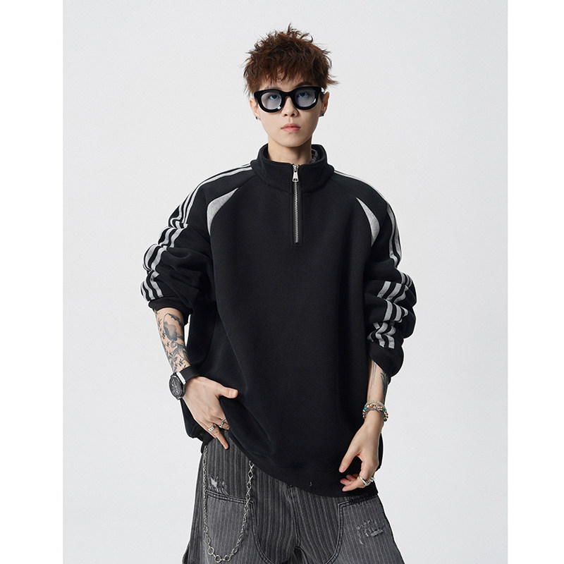 A410-WT34748-P85限价129-条纹撞色半拉链立领卫衣-400G华棉，男装卫衣，电商A410