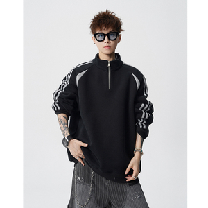 A410-WT34748-P85限价129-条纹撞色半拉链立领卫衣-400G 华棉，男装卫衣，电商A410