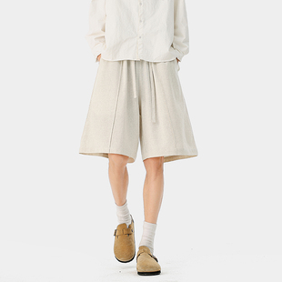 老钱风亚麻拼接五分裤 P50限价89 220g左右棉麻面料 DK63055 A410