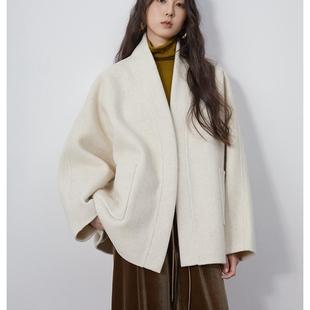 无扣双面羊毛外套女毛呢短大衣 宽松慵懒风斗篷款 实拍 秋冬新品