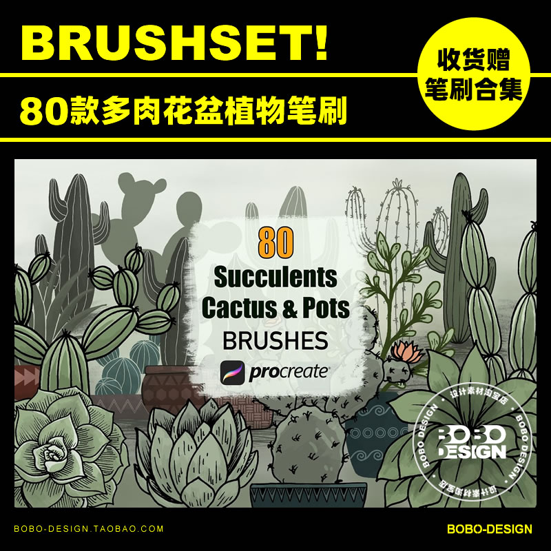 80款Procreate仙人掌多肉植物花盆印章笔刷iPad手绘插画设计素材