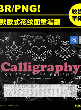 50款欧式复古花纹图章abr笔刷PNG免抠图PS手绘插画纹身设计师素材