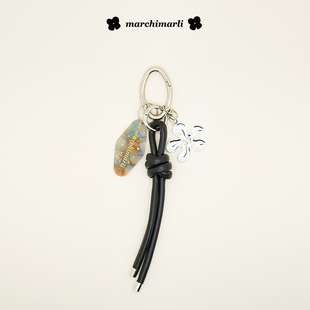 marchimarli原创设计简约高级打结皮绳银色小花组合挂件包包挂饰
