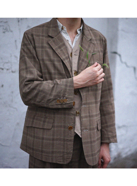 宽松西装夹克 休闲复古格纹精纺羊毛西装 小码男装断码清仓