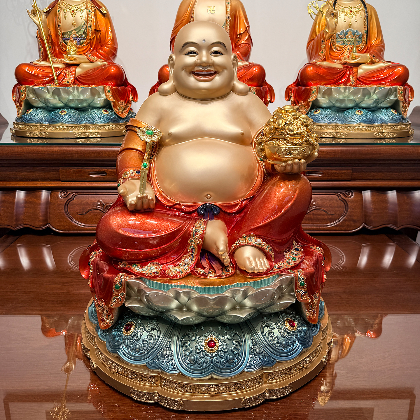 纯铜弥勒佛佛像红衣款宽体笑佛布袋和尚招财工艺品客厅供奉摆件