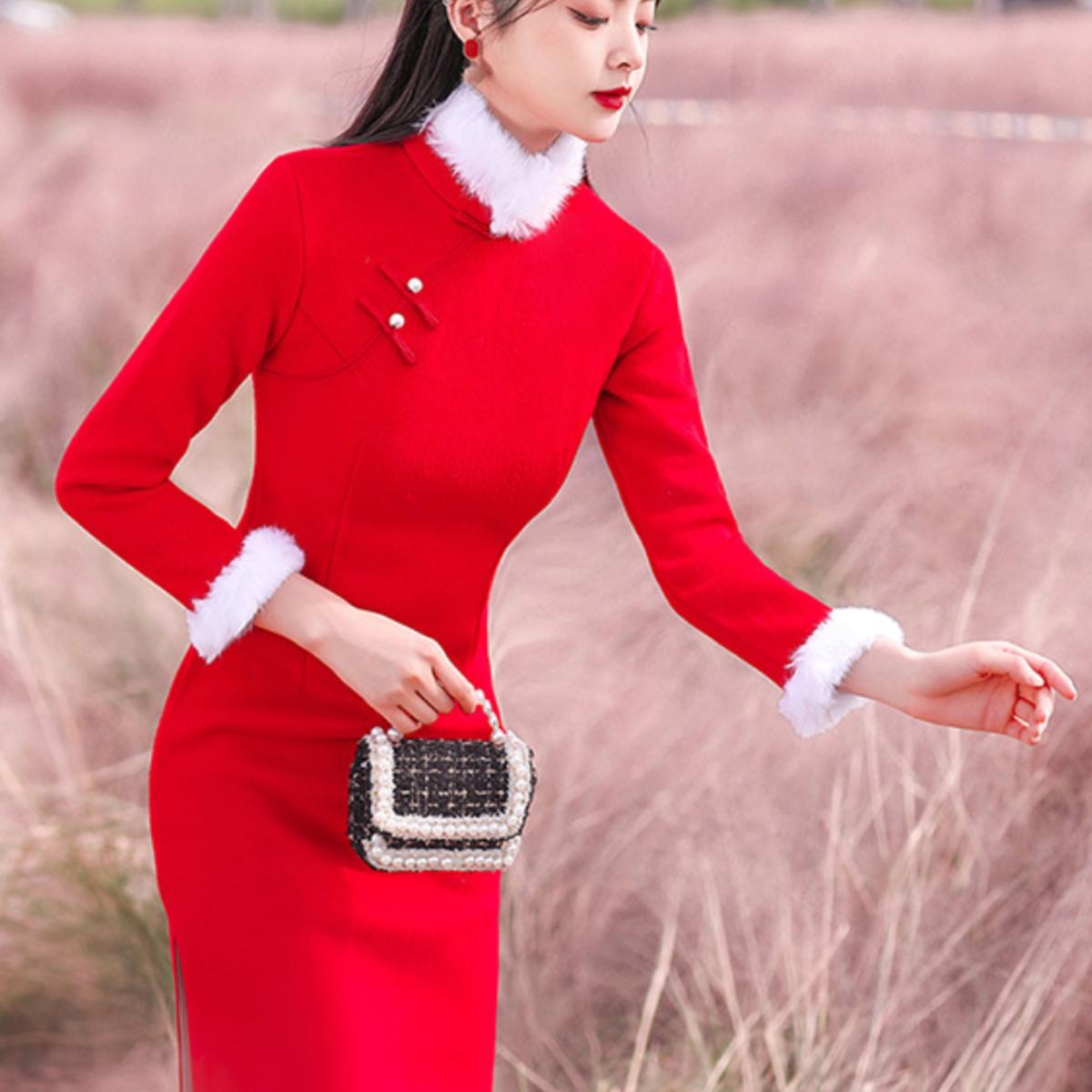 大码旗袍冬款加厚加绒拜年服婚宴女装红色过年小袄秋冬季毛领长袖