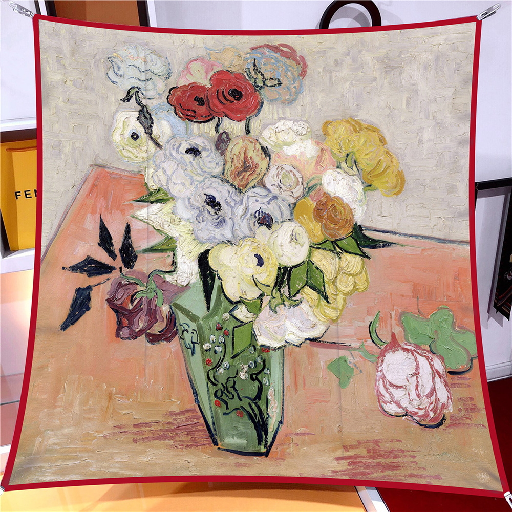 90cm新款梵高油画玫瑰和海葵杭州优质斜纹披肩装饰大方巾围巾丝巾