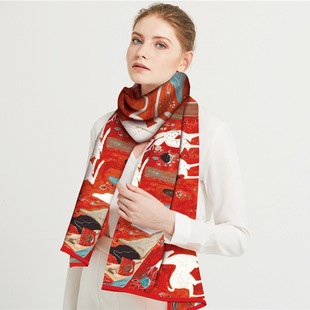 长款百搭国风敦煌壁画九色鹿女士双层装饰飘带丝巾送妈妈礼品围巾