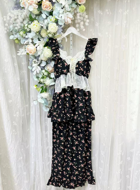 新品大码韩板黑色胸垫泡泡纱吊带长裤仙仙公主风夏睡衣家居服