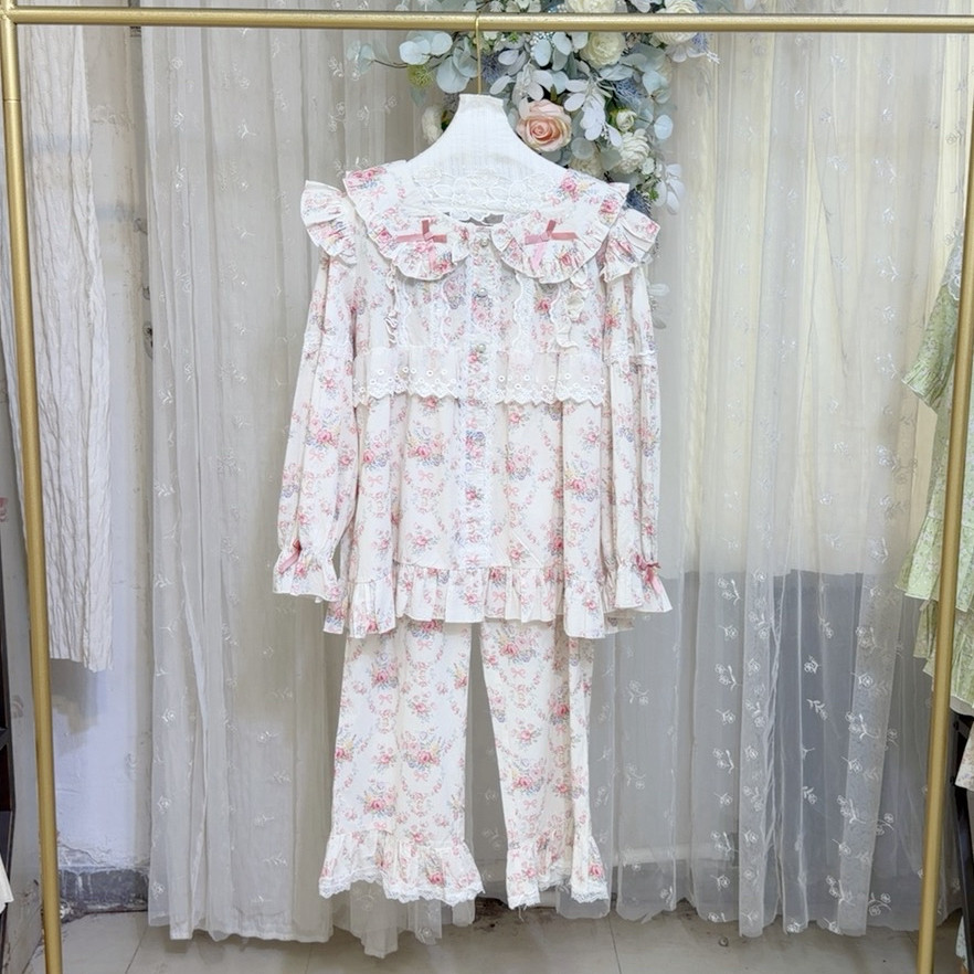 新款东大门娃娃领碎花棉布蕾丝棉布长袖套装仙仙公秋季家居服