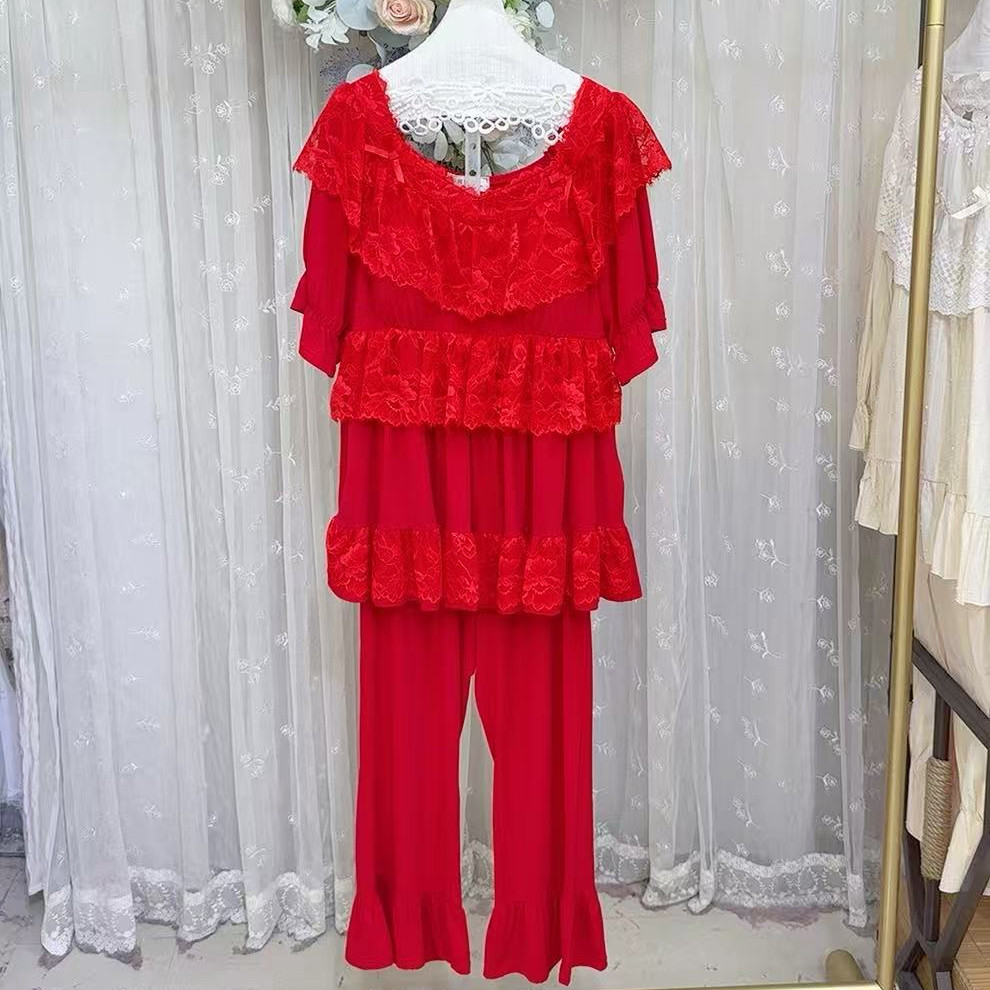 新年大码睡衣莫代尔红色带胸垫半袖长裤宫廷风套装显瘦蕾丝仙仙
