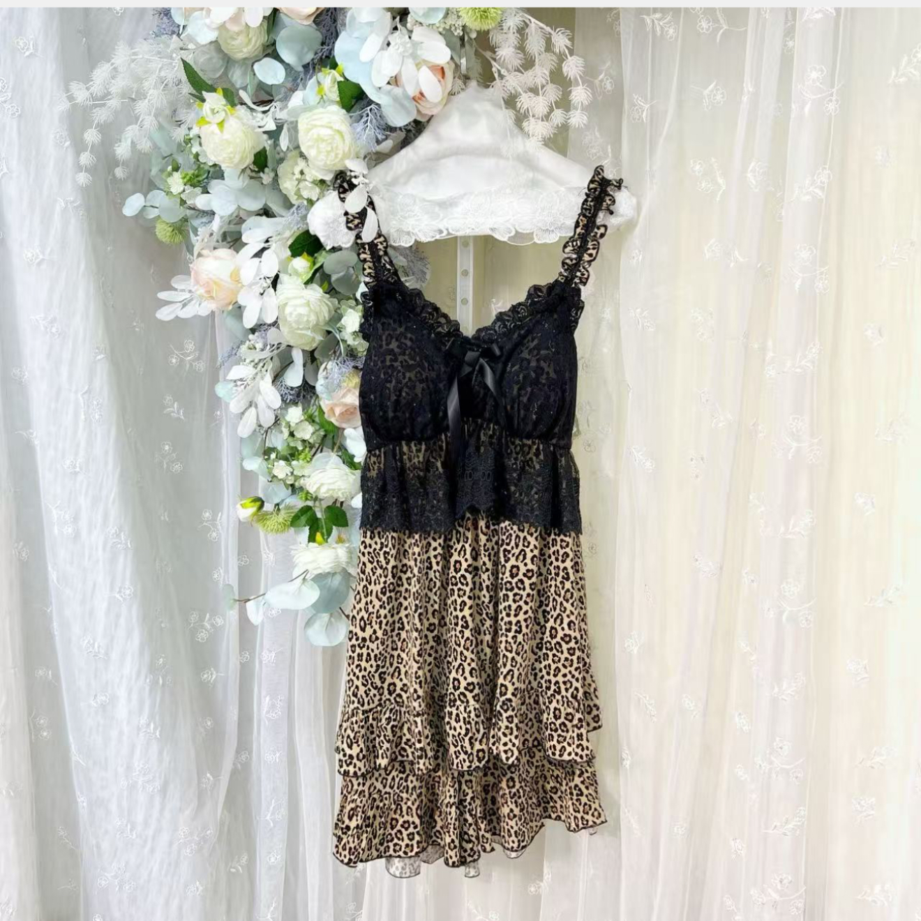 新品大码莫代尔大码胖MM莫代尔黑蕾丝性感豹纹吊带短裤套装睡衣