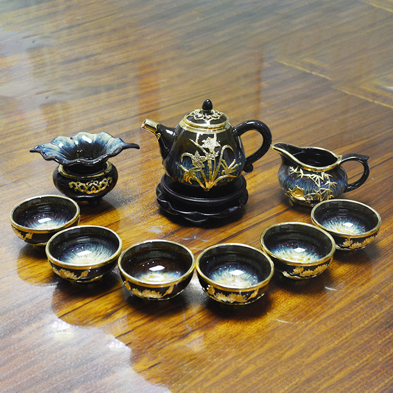 纯手工镀纯金锡镶工艺品金镶玉茶具套装瓷器工艺品拉丝釉