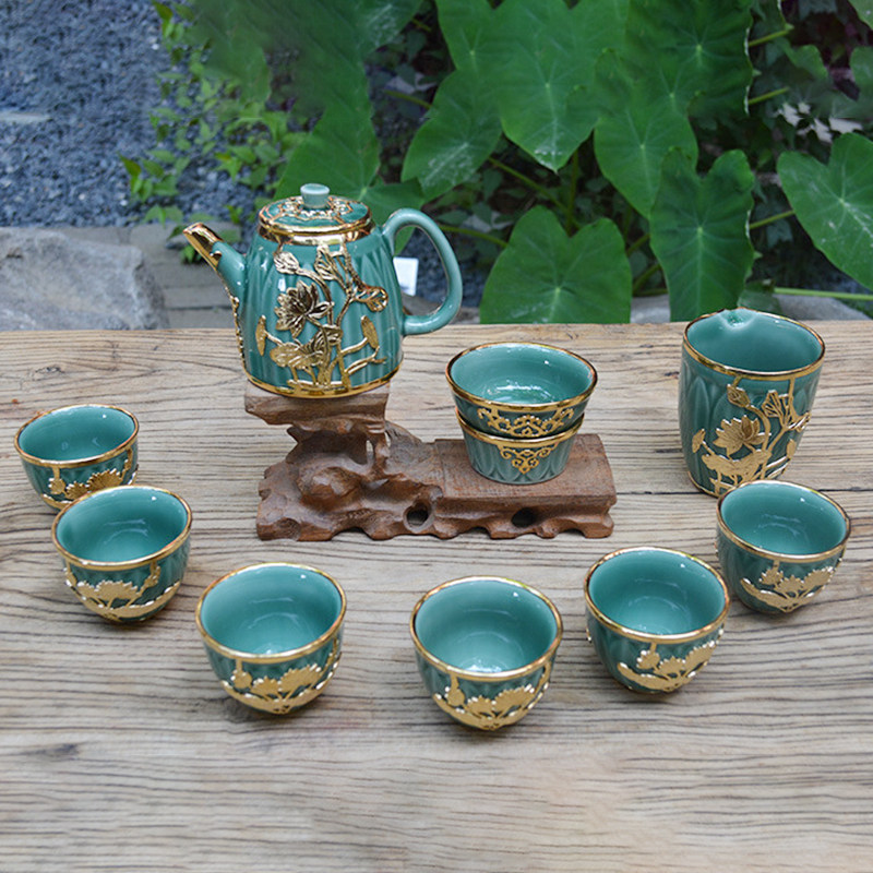 纯手工镀纯金锡镶工艺品金镶玉茶具精美瓷器高档送礼佳品荷韵套装