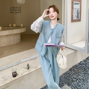 蓝色小香风套装女开春2025超火韩剧穿搭气质高级感马甲长裤三件套图片