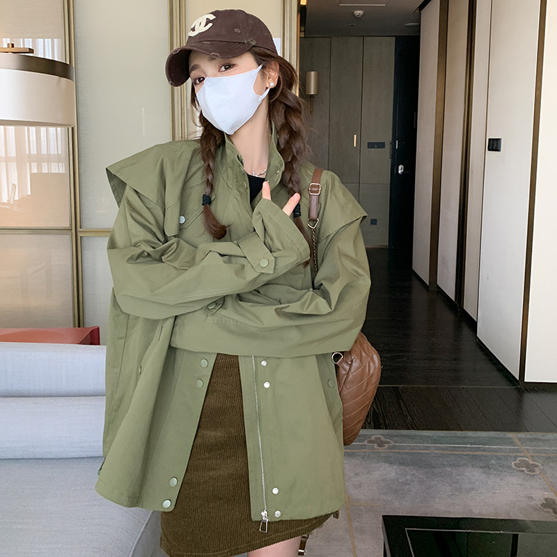 军绿色设计感立领短外套女2023秋季新款韩版工装休闲宽松百搭夹克,女装短外套,浙宝265