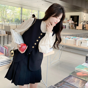 小个子穿搭温柔显瘦打底衫显瘦马甲休闲百褶裙三件套女春秋新款图片