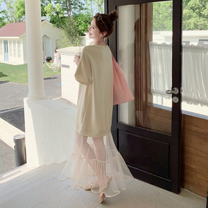 韩系温柔风蕾丝网纱拼接连衣裙女2025夏季气质宽松显瘦百搭T恤裙图片